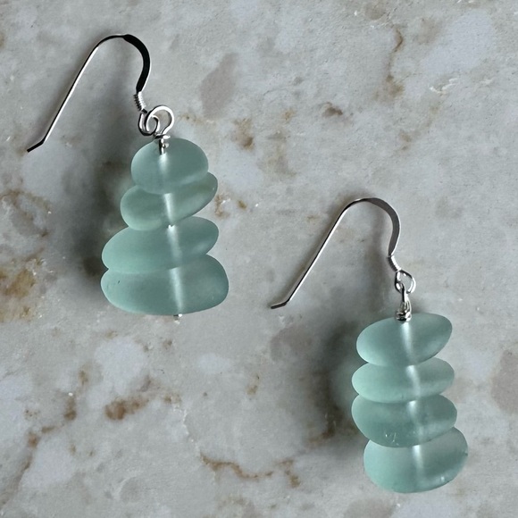 Sterling Silver Pearl Aqua Sea Glass Tear Earrings NWOT Tuckernuck Seaglass Stack Earrings, Seafoam